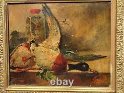 Old Tableau signed Still Life with Game. Oil painting on canvas.