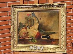 Old Tableau signed Still Life with Game. Oil painting on canvas.