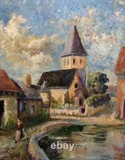 Old Tableau signed and dated 1944, Village of Saclay, Oil on panel, 20th century
