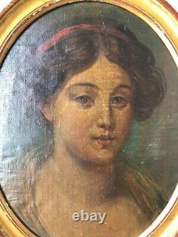 Old Time Early XIX Century Female Portrait Oil Painting On Cardboard