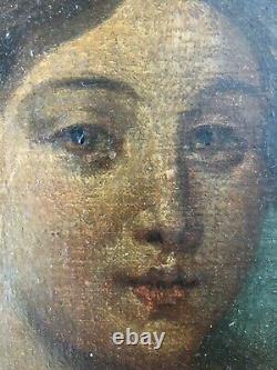 Old Time Early XIX Century Female Portrait Oil Painting On Cardboard