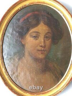 Old Time Early XIX Century Female Portrait Oil Painting On Cardboard