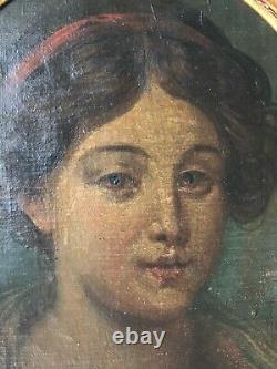 Old Time Early XIX Century Female Portrait Oil Painting On Cardboard