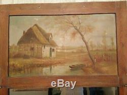 Old Trumeau / Mirror / Oil On Canvas, Landscape, House Thatched Roof