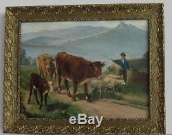 Old Wood Frame Dore Painting Oil On Canvas Herd Cows, Sheep