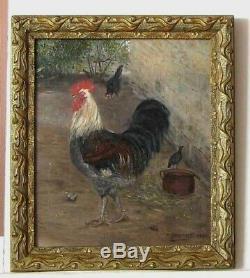 Old Wood Frame Dore Painting Oil On Canvas Lower Court And Rooster