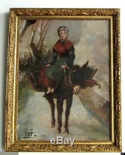 Old Wood Frame Dore Painting Oil On Canvas Peasant And Donkey