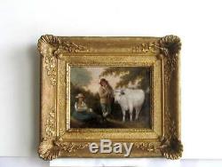 Old Wood Frame Dore Painting Oil On Canvas Peasants And White Cow