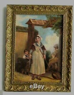 Old Wood Frame Dore Painting Oil On Canvas Peasants Children And Dog