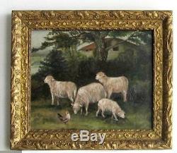 Old Wood Frame Dore Painting Oil On Canvas Sheep And Hen