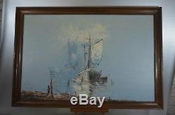 Old Wooden Frame Painting On Canvas Oil Sign Nature Sea Boat Beach Lighthouse
