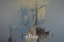 Old Wooden Frame Painting On Canvas Oil Sign Nature Sea Boat Beach Lighthouse