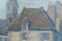 Old animated village painting Oil on panel signed Sivel