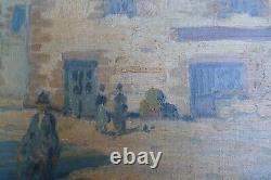 Old animated village painting Oil on panel signed Sivel