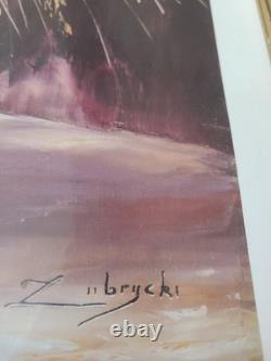 Old carved wooden frame with a reproduction of an oil on canvas signed