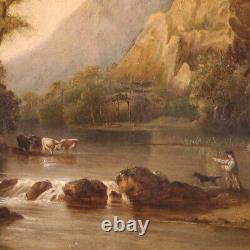 Old landscape oil painting on canvas bucolic tableau 19th century art