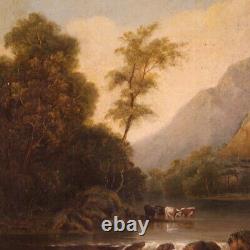 Old landscape oil painting on canvas bucolic tableau 19th century art