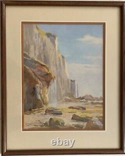 Old landscape painting of mountain cliff by Frederic Louis Levé impressionism