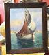 Old Large Oil Painting On Wood Of A Fishing Boat On The Mediterranean Coast