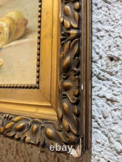 Old large painting signed oil on canvas still life golden frame decor
