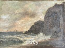 Old marine oil on canvas-backed cardboard, cliffs and sailboats, unsigned, 19th century