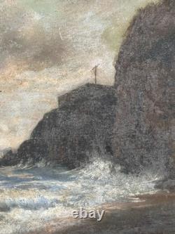 Old marine oil on canvas-backed cardboard, cliffs and sailboats, unsigned, 19th century