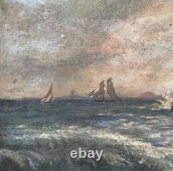 Old marine oil on canvas-backed cardboard, cliffs and sailboats, unsigned, 19th century