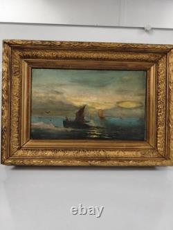 Old marine oil painting on canvas, 1889, signed carved gilded frame