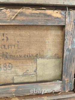 Old marine oil painting on canvas, 1889, signed carved gilded frame