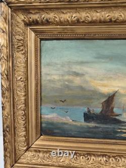 Old marine oil painting on canvas, 1889, signed carved gilded frame