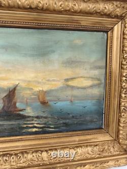 Old marine oil painting on canvas, 1889, signed carved gilded frame