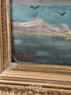 Old marine oil painting on canvas, 1889, signed carved gilded frame