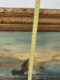 Old marine oil painting on canvas, 1889, signed carved gilded frame