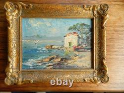 Old marine oil painting on cardboard, signed