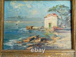 Old marine oil painting on cardboard, signed