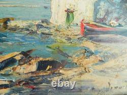 Old marine oil painting on cardboard, signed
