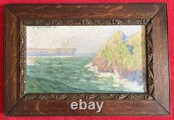 Old marine painting, 19th/1900, sea, cliffs, rocks, boat, Brittany, oil on canvas