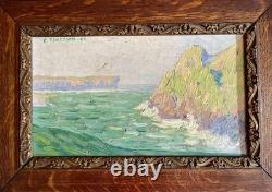 Old marine painting, 19th/1900, sea, cliffs, rocks, boat, Brittany, oil on canvas