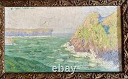 Old marine painting, 19th/1900, sea, cliffs, rocks, boat, Brittany, oil on canvas