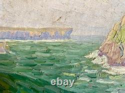 Old marine painting, 19th/1900, sea, cliffs, rocks, boat, Brittany, oil on canvas