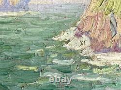 Old marine painting, 19th/1900, sea, cliffs, rocks, boat, Brittany, oil on canvas