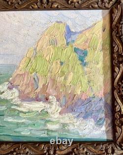 Old marine painting, 19th/1900, sea, cliffs, rocks, boat, Brittany, oil on canvas
