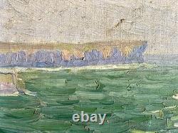 Old marine painting, 19th/1900, sea, cliffs, rocks, boat, Brittany, oil on canvas