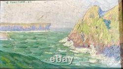 Old marine painting, 19th/1900, sea, cliffs, rocks, boat, Brittany, oil on canvas