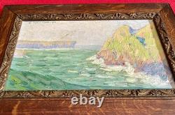 Old marine painting, 19th/1900, sea, cliffs, rocks, boat, Brittany, oil on canvas