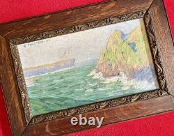 Old marine painting, 19th/1900, sea, cliffs, rocks, boat, Brittany, oil on canvas