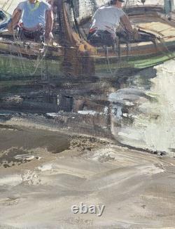 Old marine painting sea boat port animated fisherman Brittany landscape painting XX