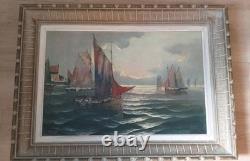 Old maritime painting oil on canvas signed Gillet boat sea frame