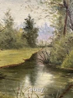 Old oil on canvas, French School, 19th-20th century, Barbizon, lakeside landscape