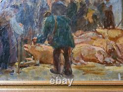 Old oil on canvas. Pig Fair of Champigny-Sur-Marne 19th century